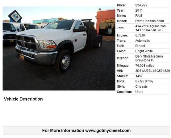 2011 Ram 5500 DRW ST 4x4 Chassis Regular Cab Diesel - cars & trucks... for sale in Citrus Heights, CA – photo 3