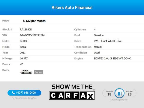 $132/mo - 2011 Buick Regal CXL Turbo Oshawa - 100 Approved! - cars &... for sale in Kissimmee, FL – photo 2