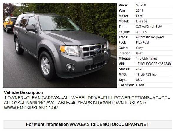 2011 Ford Escape XLT AWD - - by dealer - vehicle for sale in Kirkland, WA – photo 2