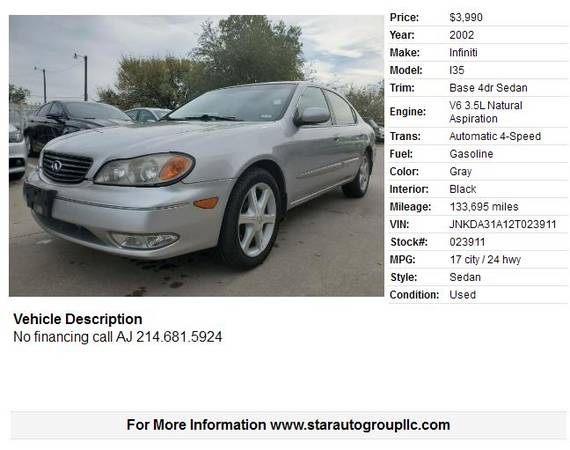 2002 Infiniti I35 - cars & trucks - by dealer - vehicle automotive... for sale in Grand Prairie, TX – photo 2