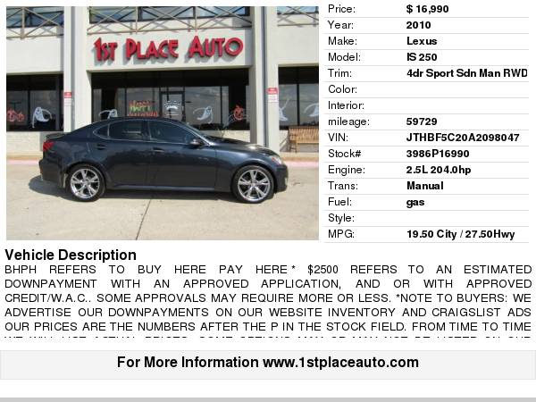 2010 Lexus IS 250 4dr Sport Sdn Auto RWD for sale in Watauga (N. Fort Worth), TX