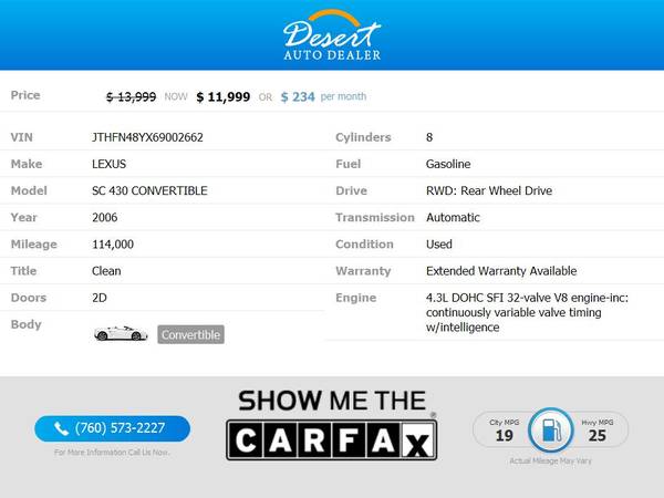 2006 Lexus *SC* *430* *CONVERTIBLE* ** $234 /mo for sale in Palm Desert , CA – photo 2
