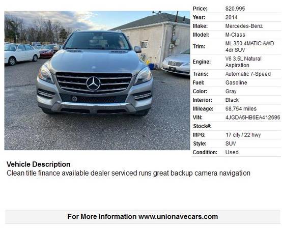 2014 Mercedes-Benz M-Class ML 350 4MATIC AWD 4dr SUV 68754 Miles -... for sale in Hazlet, NJ – photo 2