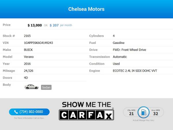 $207/mo - 2016 Buick Verano Base - Easy Financing! - cars & trucks -... for sale in Chelsea, MI – photo 2