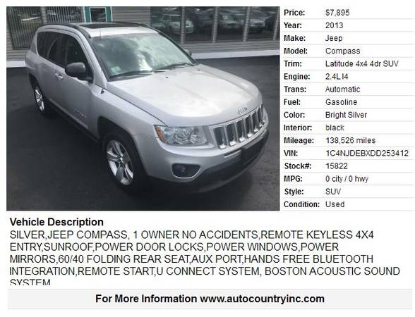 2013 JEEP COMPASS,1 OWNER NO ACCIDENTS,4X4,BOSTON ACOUSTIC SOUND -... for sale in Abington, MA – photo 2