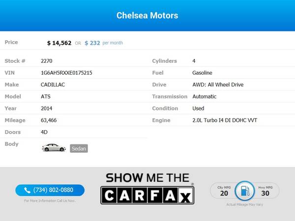 $232/mo - 2014 Cadillac ATS 2.0L Turbo Luxury AWD - Easy Financing!... for sale in Chelsea, MI – photo 2