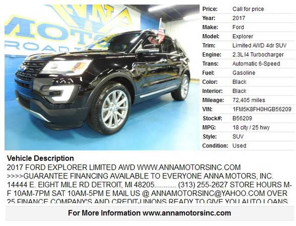 2017 FORD EXPLORER LIMITED 4WD,PAYMENT STARTING@$319*PER MONTH-STOP BY for sale in Detroit, MI – photo 2