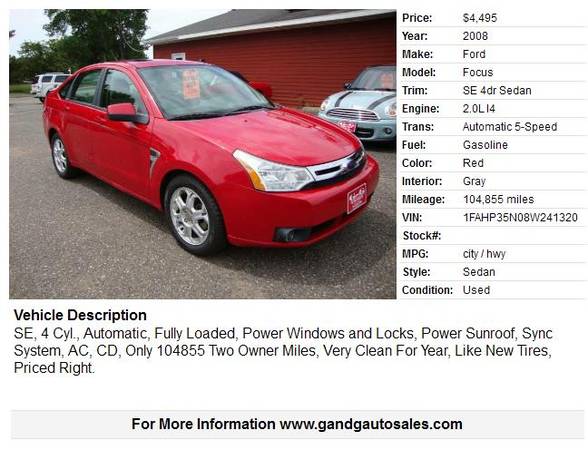 2008 Ford Focus SE 4dr Sedan 104855 Miles for sale in Merrill, WI – photo 2