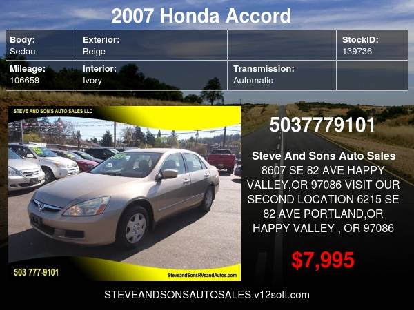 2007 Honda Accord LX 4dr Sedan (2 4L I4 5A) - - by for sale in Happy valley, OR – photo 20