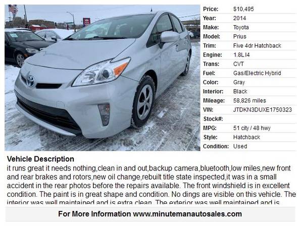 2014 Toyota Prius Five 4dr Hatchback 58826 Miles - cars & trucks -... for sale in Saint Paul, MN – photo 2