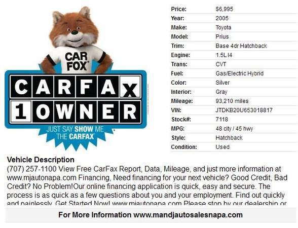 2005 Toyota Prius Hybrid Carfax One Owner 48/45 mpg for sale in Napa, CA – photo 13