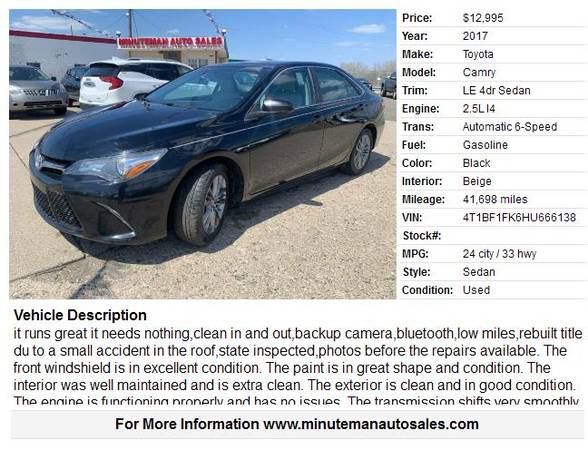 2017 Toyota Camry LE 4dr Sedan 41698 Miles - - by for sale in Saint Paul, MN – photo 2