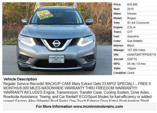 2015 Nissan Rogue SV - Regular Service Records! Backup Cam! 33 MPG! for sale in Athens, TN – photo 2