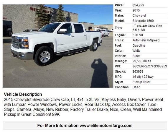 2015 Chevrolet Silverado Crew Cab, LT, 4x4, 99K, Nice - cars &... for sale in Fargo, ND – photo 2