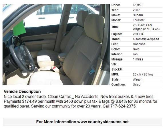 2007 Subaru Forester 2.5 X AWD 4dr Wagon (2.5L F4 4A) for sale in East Berlin, PA – photo 2