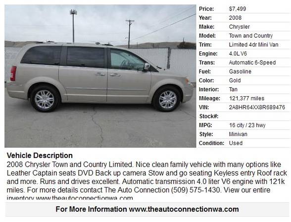 2008 Chrysler Town and Country - cars & trucks - by dealer - vehicle... for sale in Union Gap, WA – photo 2
