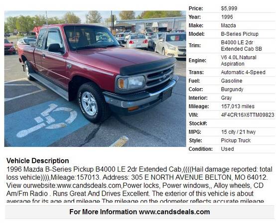 1996 Mazda B-Series Pickup B4000 LE 2dr Extended Cab for sale in Kansas City, MO – photo 2