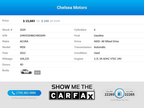 249/mo - 2012 Acura MDX 3 7L 3 7 L 3 7-L Advance Package SHAWD AWD for sale in Chelsea, OH – photo 2