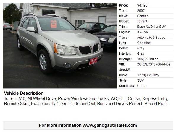 2007 Pontiac Torrent AWD 4dr SUV 156850 Miles - cars & trucks - by... for sale in Merrill, WI – photo 2