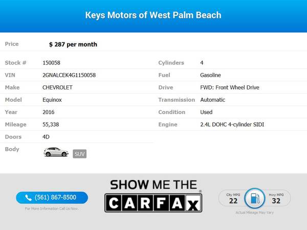 287/mo - 2016 Chevrolet Equinox LT - - by dealer for sale in West Palm Beach, FL – photo 2