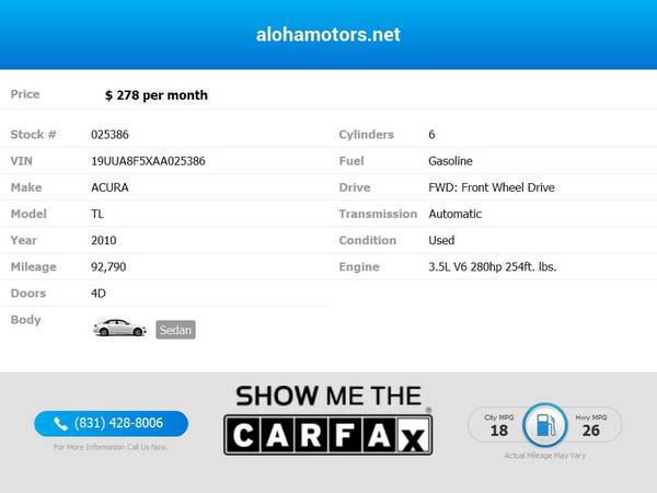 2010 Acura TL w/Tech FOR ONLY $278/mo! - cars & trucks - by dealer -... for sale in Santa Cruz, CA – photo 2