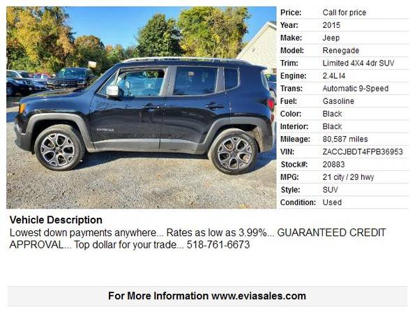 15 JEEP RENEGADE...$99 DOWN*...GUARANTEED CREDIT APPROVAL - cars &... for sale in Glens Falls, NY – photo 2