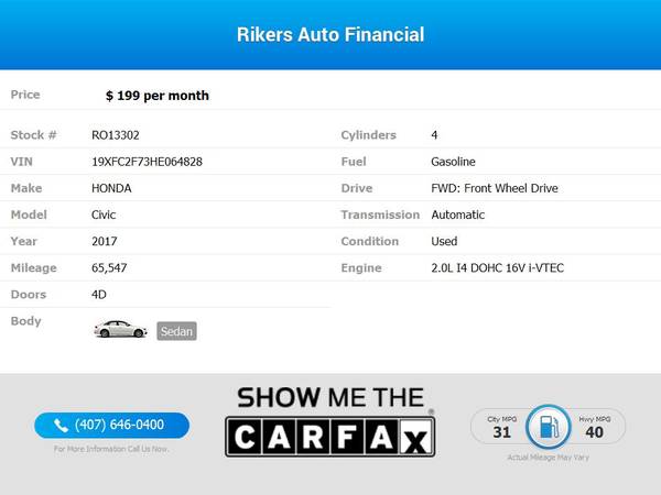 $199/mo - 2017 Honda Civic EX - 100 Approved! - cars & trucks - by... for sale in Kissimmee, FL – photo 2