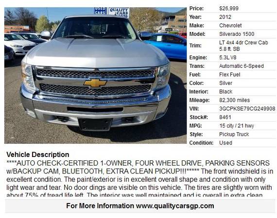 2012 Chevrolet 1500 CrwCab LT 4WD, 1-OWNR, LOW MI, XTRA CLEAN for sale in Grants Pass, OR – photo 2
