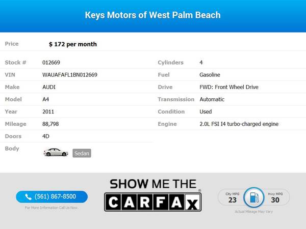 172/mo - 2011 Audi A4 A 4 A-4 2 0 T Sedan FrontTrak Multitronic for sale in West Palm Beach, FL – photo 2