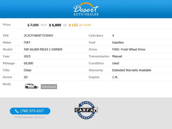 2015 Fiat 500 69,000 MILES 1 OWNER Pop Hatchback with lots of power... for sale in Palm Desert , CA – photo 2