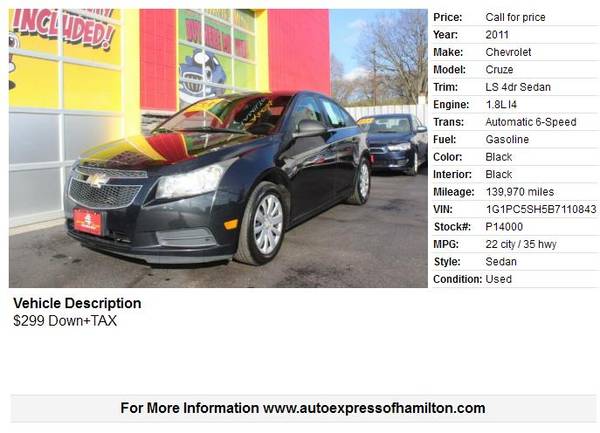 2011 Chevrolet Cruze $299 Down+TAX BUY HERE PAY HERE - cars & trucks... for sale in Hamilton, OH – photo 2