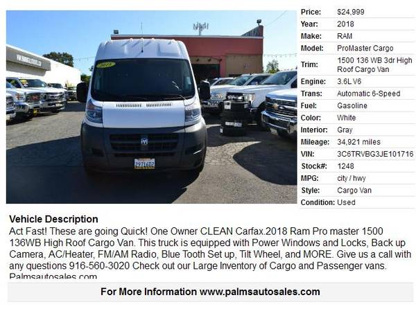 2018 Ram Promaster 1500 3dr 136 Wb High Roof 34K MILES for sale in Citrus Heights, CA – photo 3