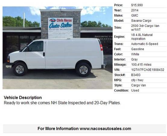 2014 GMC Savana Cargo 2500 - - by dealer - vehicle for sale in East Derry, ME – photo 2