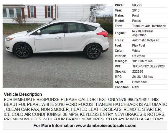 2016 Ford Focus Titanium 4dr Hatchback, 1 OWNER, 90 DAY WARRANTY! for sale in LOWELL, NY – photo 2