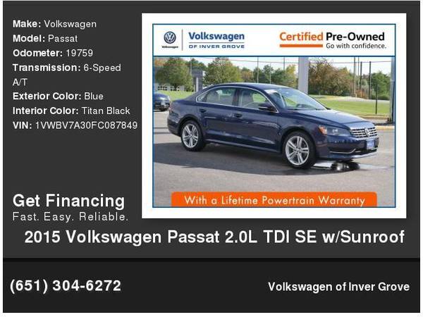 2015 Volkswagen Passat 2.0L TDI SE w/Sunroof for sale in Inver Grove Heights, MN