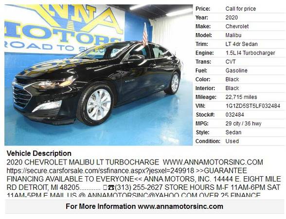 2020 CHEVROLET MALIBU LT, $00*DOWN AVAILABLE TODAY-APPLY ONLINE-CALL... for sale in Detroit, MI – photo 2