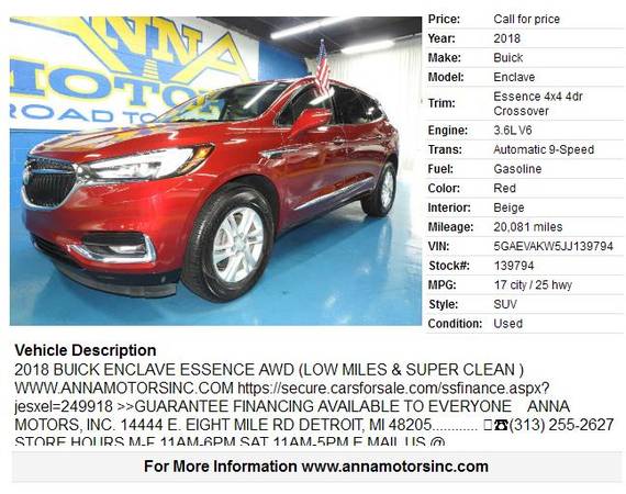 2018 BUICK ENCLAVE AWD,WE FINANCE YOU W/$1495*DN -APPLY ONLINE OR... for sale in Detroit, MI – photo 2