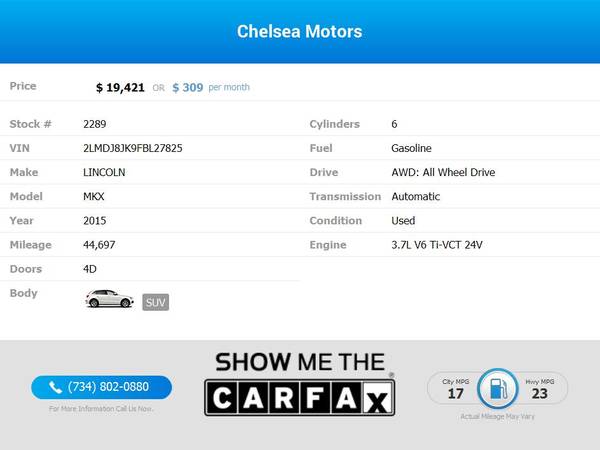 $309/mo - 2015 Lincoln MKX Base AWD - Easy Financing! - cars &... for sale in Chelsea, MI – photo 2