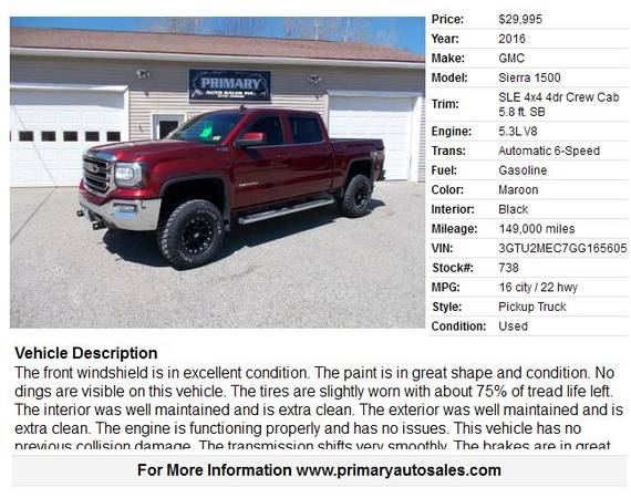 2016 GMC SIERRA 1500 LIFTED - - by dealer - vehicle for sale in Sabattus, ME – photo 2