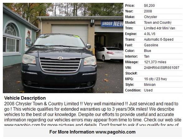 2008 Chrysler Town and Country Limited 4dr Mini Van - cars & trucks... for sale in Youngstown, OH – photo 2