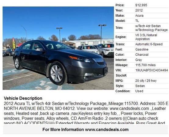12Acura TL w/Tech 4dr/Technology Package, - - by for sale in Kansas City, MO – photo 2