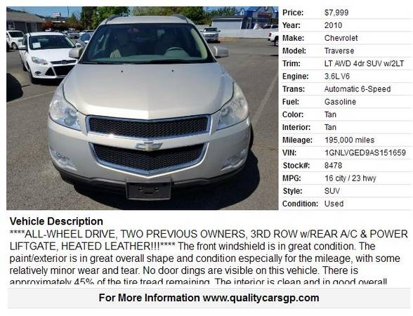 2010 Chevrolet Traverse LT AWD, 3RD ROW w/RR AC, BACKUP CAM for sale in Grants Pass, OR – photo 2