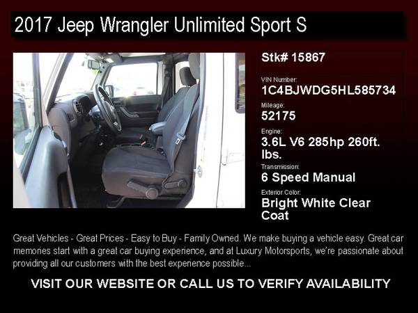 15867 - 2017 Jeep Wrangler Unlimited Sport S CARFAX 1-Owner w/Prem for sale in Phoenix, AZ – photo 2