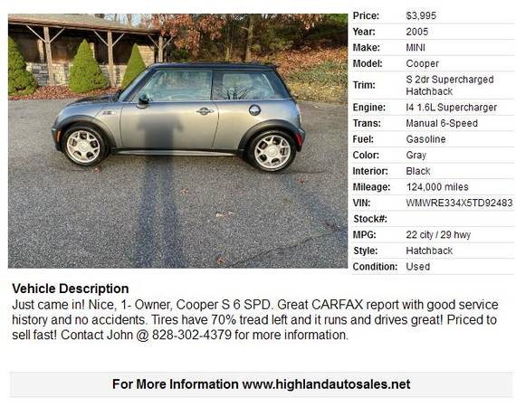 2005 MINI Cooper S 2dr Supercharged Hatchback 124000 Miles - cars &... for sale in Boone, NC – photo 2