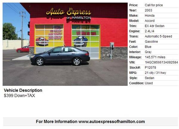 2003 Honda Accord $399 Down+TAX BUY HERE PAY HERE for sale in Hamilton, OH – photo 2