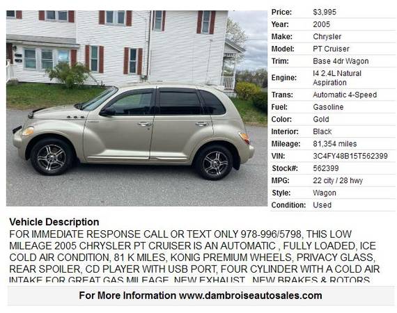 2005 Chrysler PT Cruiser Base 4dr Wagon LOW MILES 90 DAY for sale in Lowell, MA – photo 2
