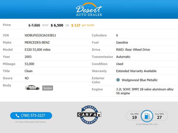 2003 Mercedes-Benz E320 53,000 miles 3.2L Sedan for sale. TEST-DRIVE... for sale in Palm Desert , CA – photo 2