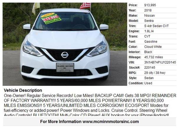 2018 Nissan Sentra S - One Owner! Low Miles! Backup Cam! Gets 38 for sale in Athens, TN – photo 2