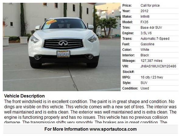 2012 Infiniti FX35 Base 4dr SUV easy financing (2000 DOWN 269 MONTH) for sale in Roseville, CA – photo 2