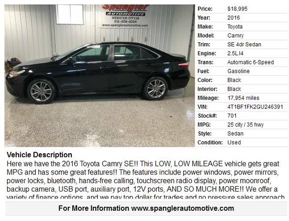 2016 TOYOTA CAMRY SE*17K MILES*MOONROOF*BACKUP CAMERA*AWESOME RIDE!! for sale in Glidden, IA – photo 2